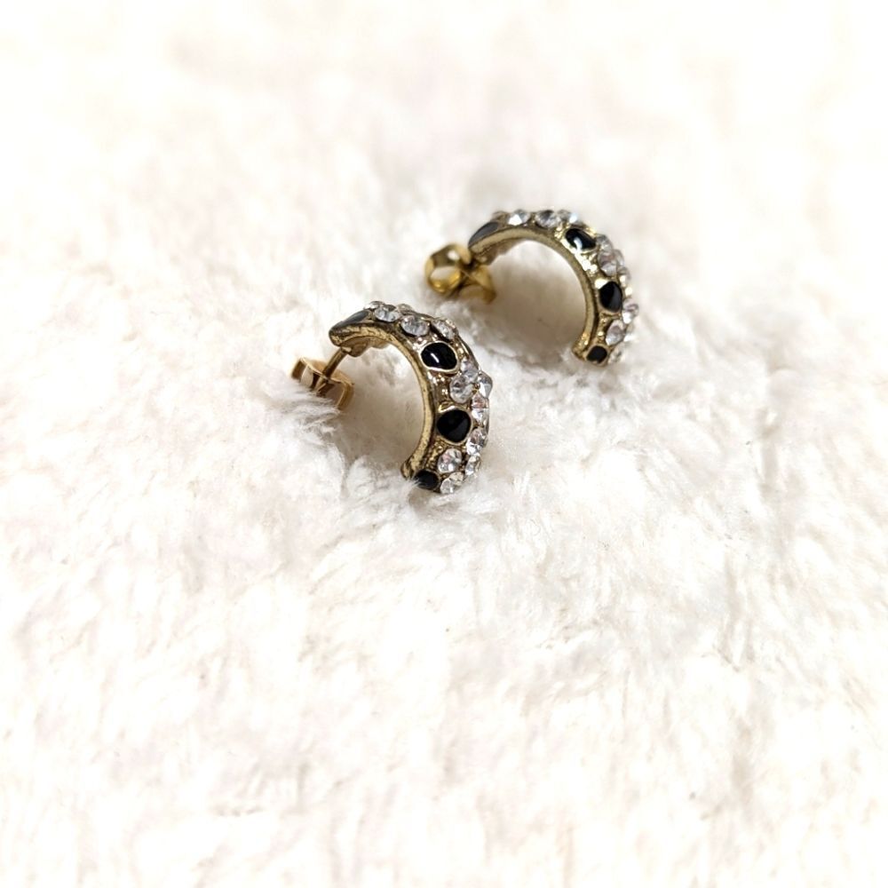 Vintage Small Half Hoop Black Enamel and Clear Rhinestone Pierced Earrings - Picture 10 of 10